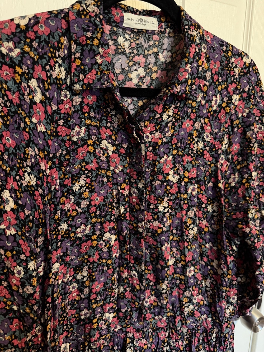 Natural Life Size L Floral Button Front Midi Dress Long Sleeve Boho Cottagecore - Picture 3 of 8